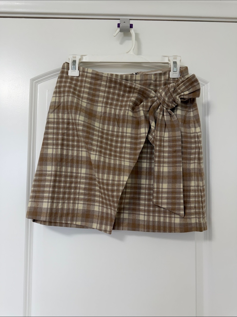 Aritzia Plaid Tie-Waist Wool Mini Skirt in Brown and Cream